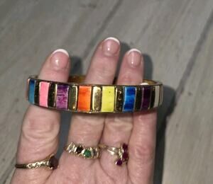 Vintage Colorful Inlaid Stones Bangle Brass Bracelet India Made Beautiful